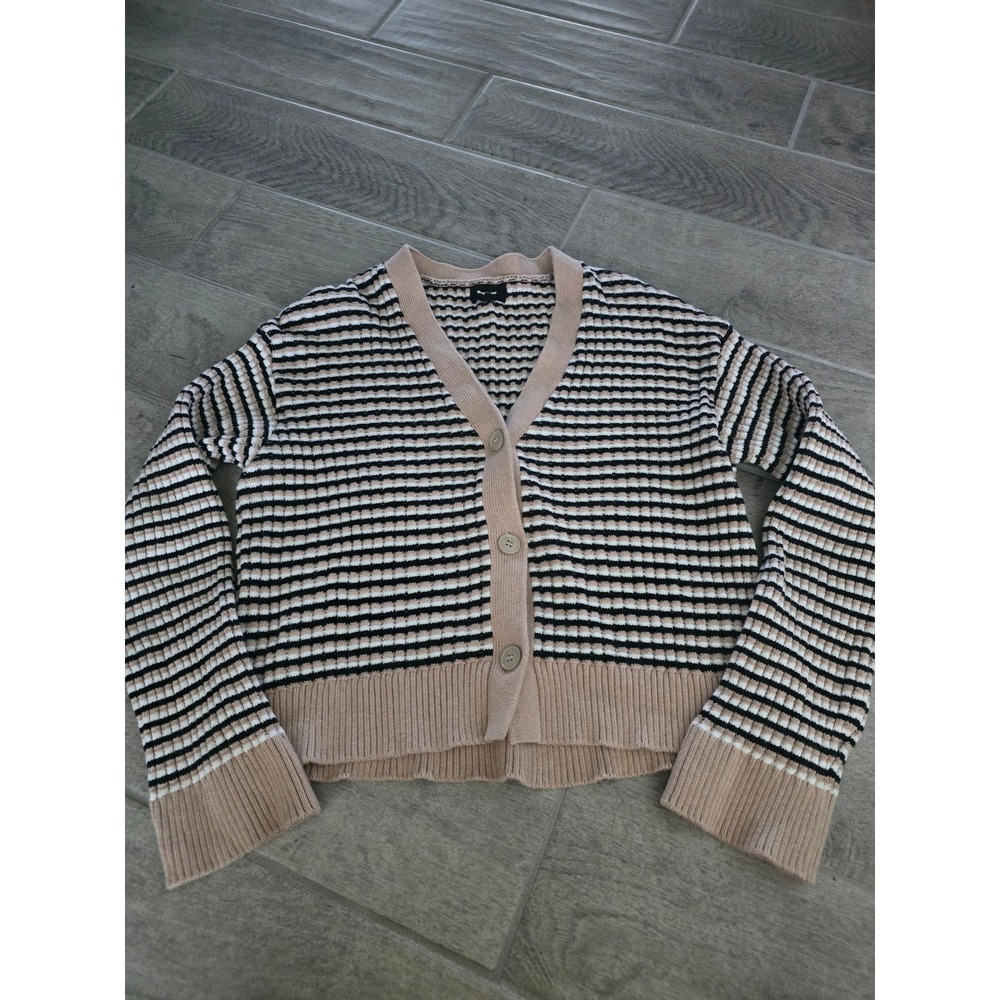 Monrow Womens Striped V-Neck Cardigan Sweater Tan Black White Wool Blend XS S/M